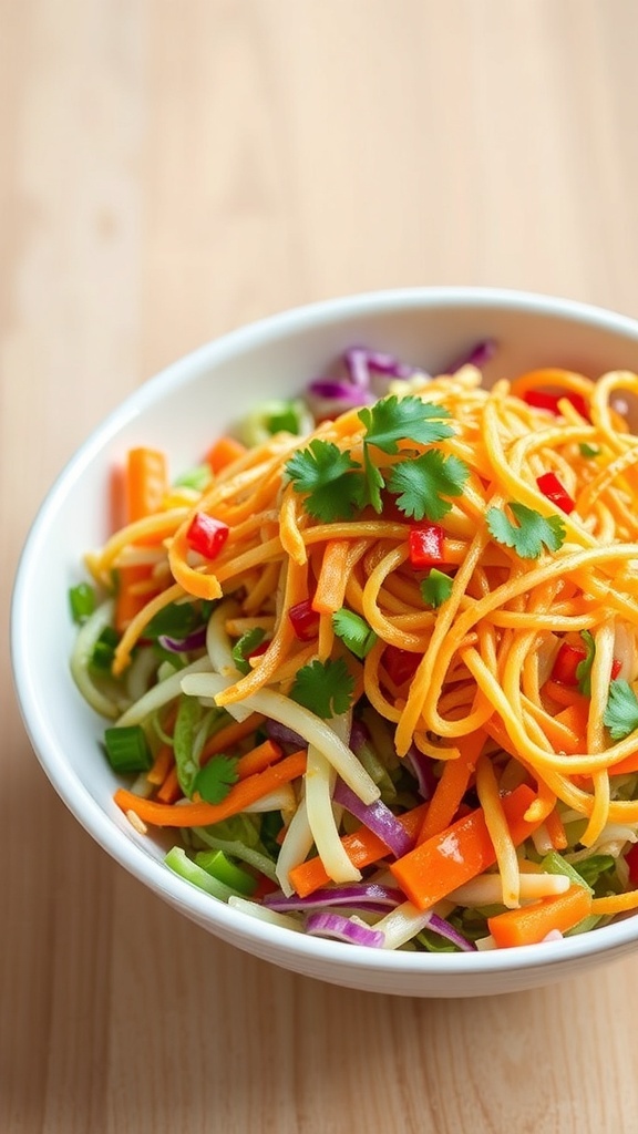 A colorful crispy noodle salad with vegetables and fried noodles in a bowl, garnished with cilantro.
